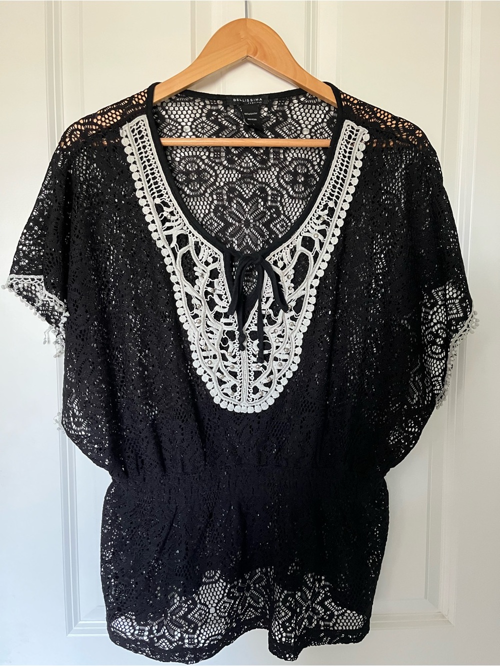 Black Lace Tunic Top with White Crochet Trim - Bellissima